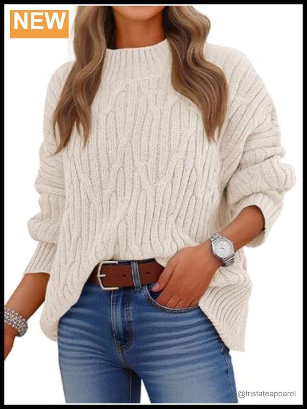 Women's Mock Neck Cable Knit Sweater Cozy Chunky Pullover 100% Acrylic